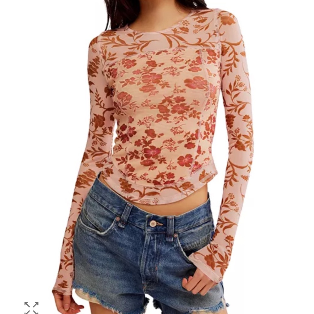 Free People Floral Long Sleeve Top - Pink and Orange